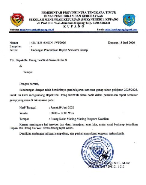 Surat Undangan Penerimaan Raport Kelas X